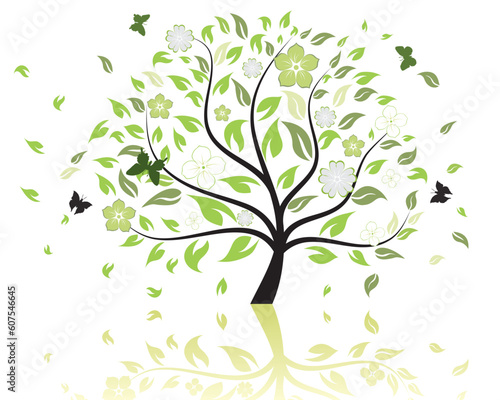 Vector illustration of tree with falling leaves and butterflies