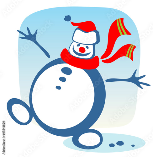 Cartoon happy snowball on a blue background. Christmas illustration.