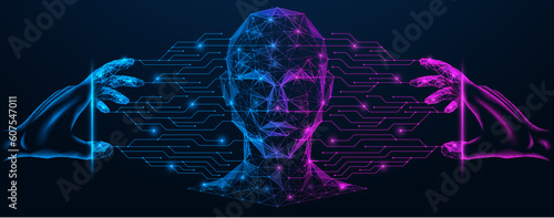 Control of artificial intelligence. Polygonal design of interconnected lines and points.
