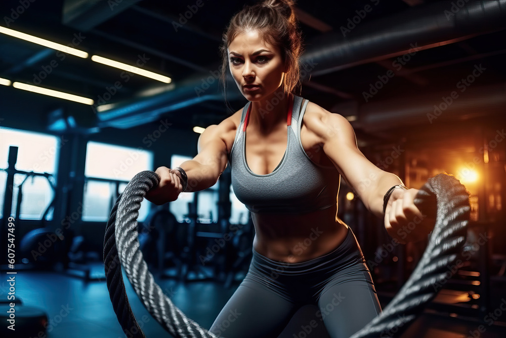 Fototapeta premium A woman holding a rope in a gym created with Generative AI technology