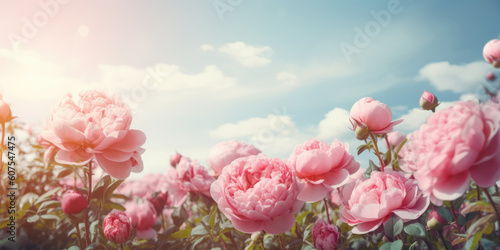 Pink Peony-shaped Roses on a blue sky background. Beautiful floral background for greeting card for Birthday, Mother's day, Woman's day, Wedding. Generative ai illustration