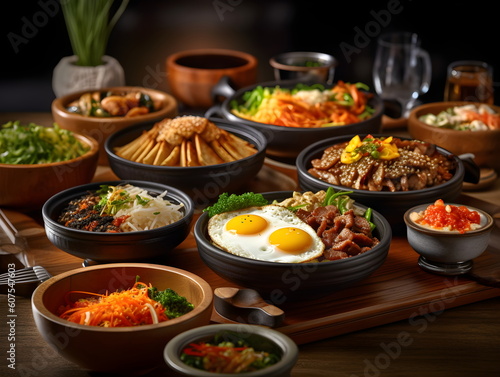 korean food. bibimbap. korean table setting. Generative AI.
