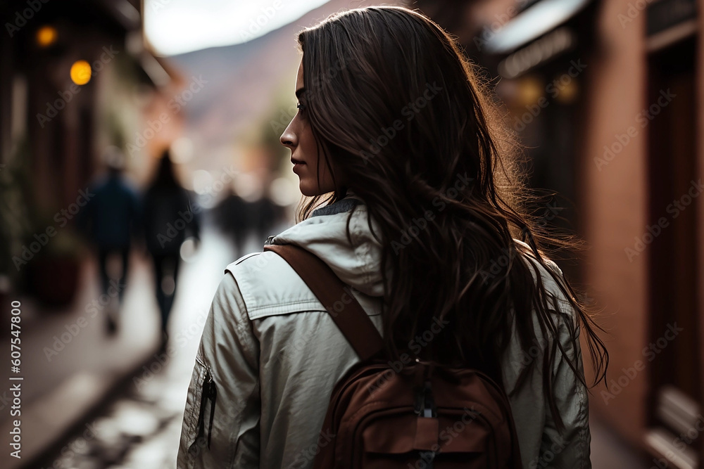 woman with backpack from behind in city, traveling alone, generative ai woman with backpack from behind in city, traveling alone, generative ai