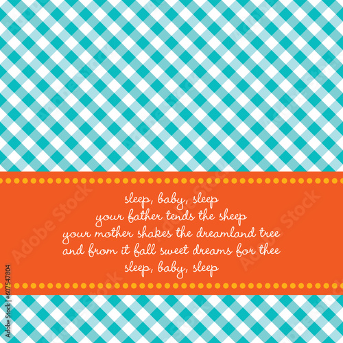 Bright colored birth announcement or greeting card with vichy background and baby lullaby