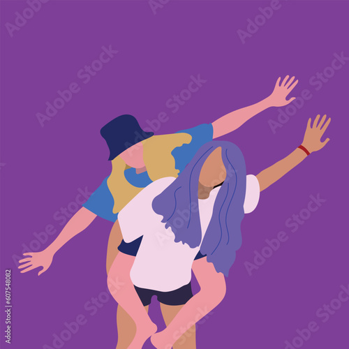 Two girl friends having fun with violet background and flat style