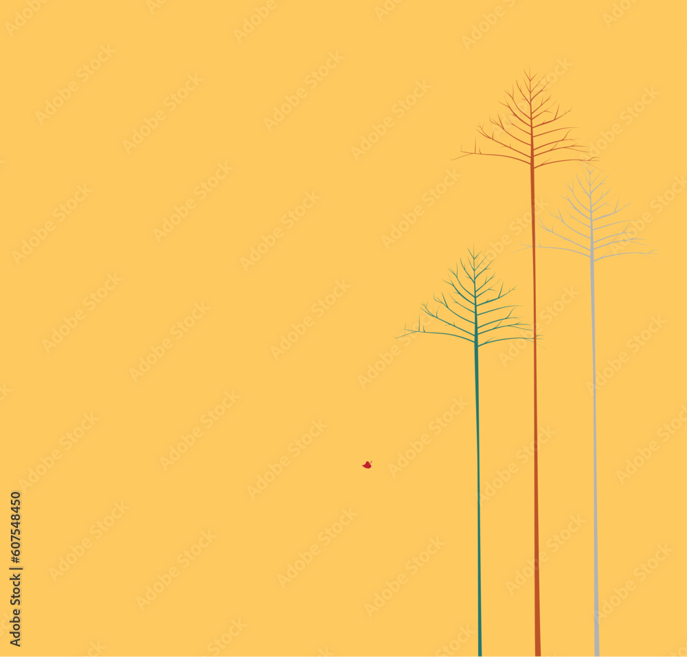 Vector illustration of   three lonely autumn trees on yellow background