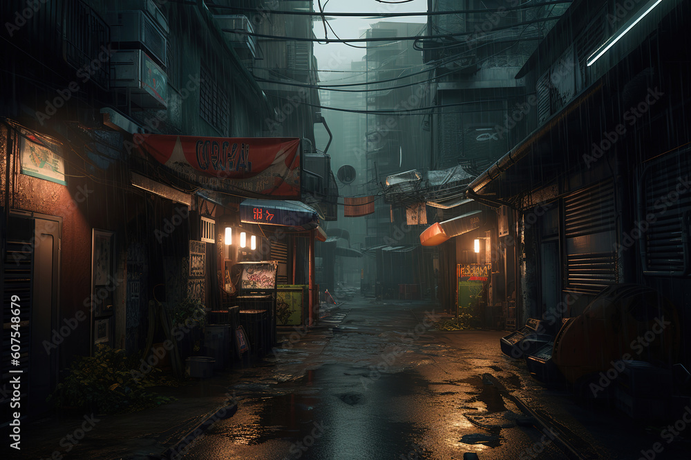 a dark alley with graffiti on the walls, cyberpunk, generative ai a dark alley with graffiti on the walls, cyberpunk, generative ai