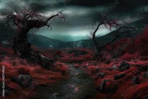 Fantasy, mystical landscape. Strange spooky magical arthouse style forest