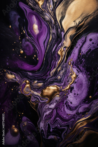 Beautiful Purple and Black Paint Swirls with Gold Glitter. Luxurious Marbling Background, generative ai 