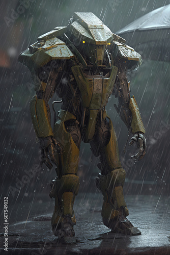 character concept of a green robot in the rain, generative ai 
