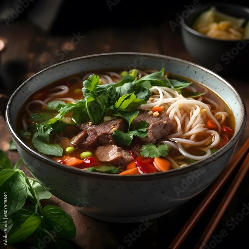 Vietnamese Pho Soup with Beef in White Bowl