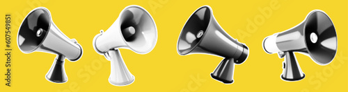 Loudspeakers for collage. Pack of megaphones on yellow background. Vector halftone illustration with elements of a doodle. Grunge punk set. Lightning blah lines. 