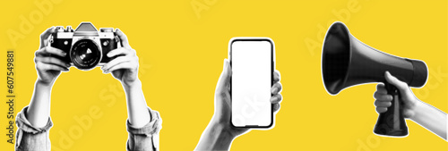 Collage element with hands and cutout shape and doodle element. Vintage vector set. Retro halftone effect. Hand gestures with the camera and the flag. Pack for advertising. 