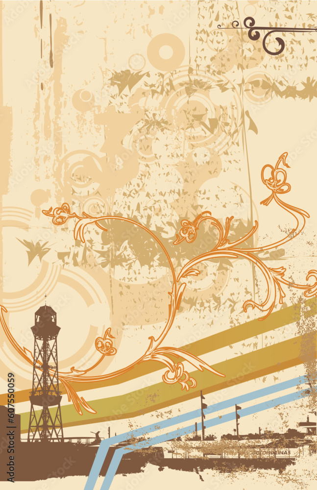 Urban abstract background with floral swirly ornament, made in grunge style. Vector illustration
