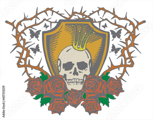 Skull with crown and red roses on the gloomy background