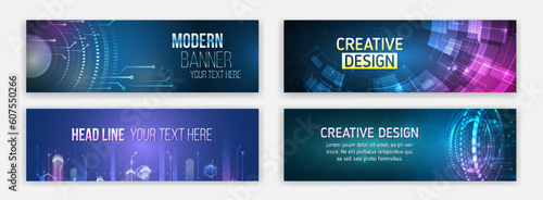 Blue futuristic science presentation collection. Modern banner design for medicine, internet network, artificial intelligence, big data. High-tech media cover. Technology horizontal banners set.