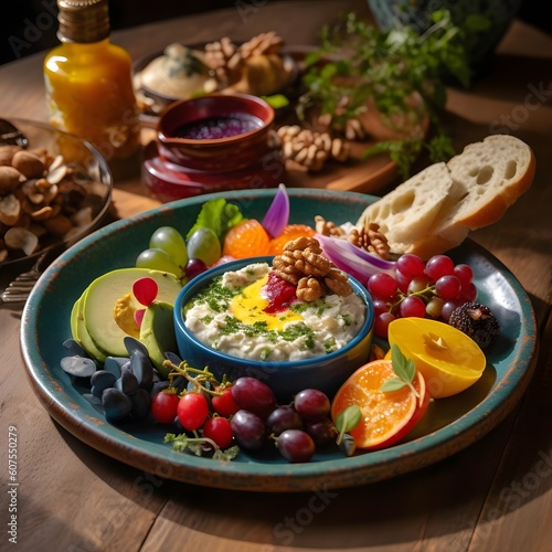 Mediterranean mezze: a colorful dish shot with a Canon EOS R6 camera using natural light