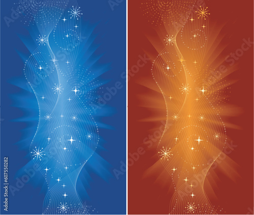 Festive backgrounds for Christmas, New Years Eve, etc. with spirals, swirls and stars in red, orange and blue. Use of blends, global colors.