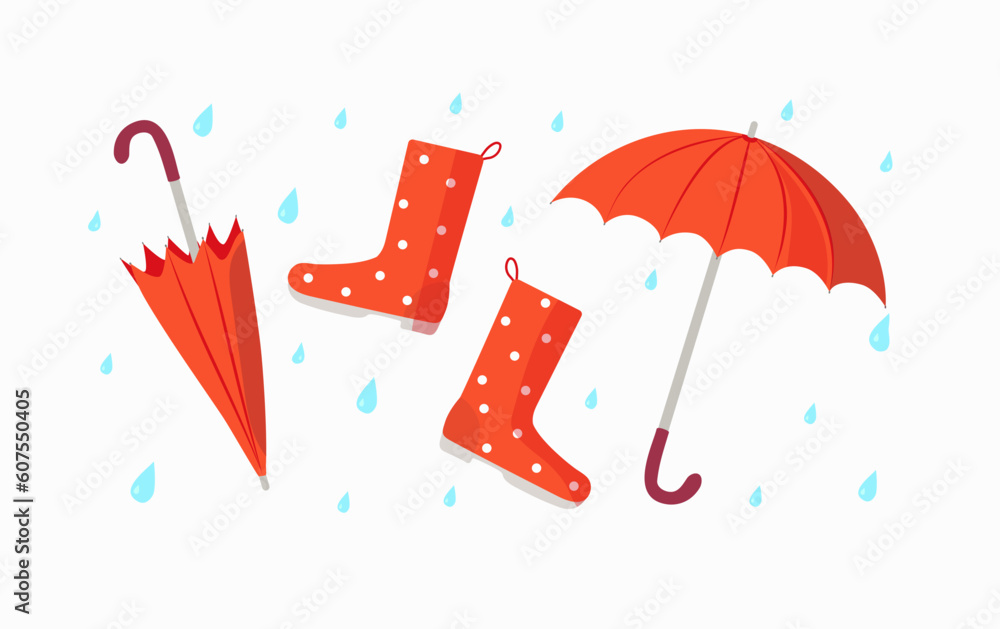 Set. Open umbrella , shoes, rubber boots and closed umbrella . Bright