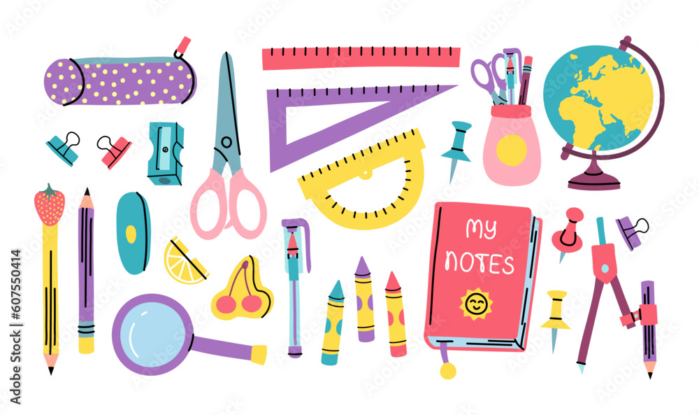 Cartoon Color Cute School Stationery Different Elements Set Concept Flat Design Style Include of Ruler, Scissors, Pen and Crayon. Vector illustration Cartoon Color Cute School Stationery Different Elements Set Concept Flat Design Style Include of Ruler, Scissors, Pen and Crayon. Vector illustration