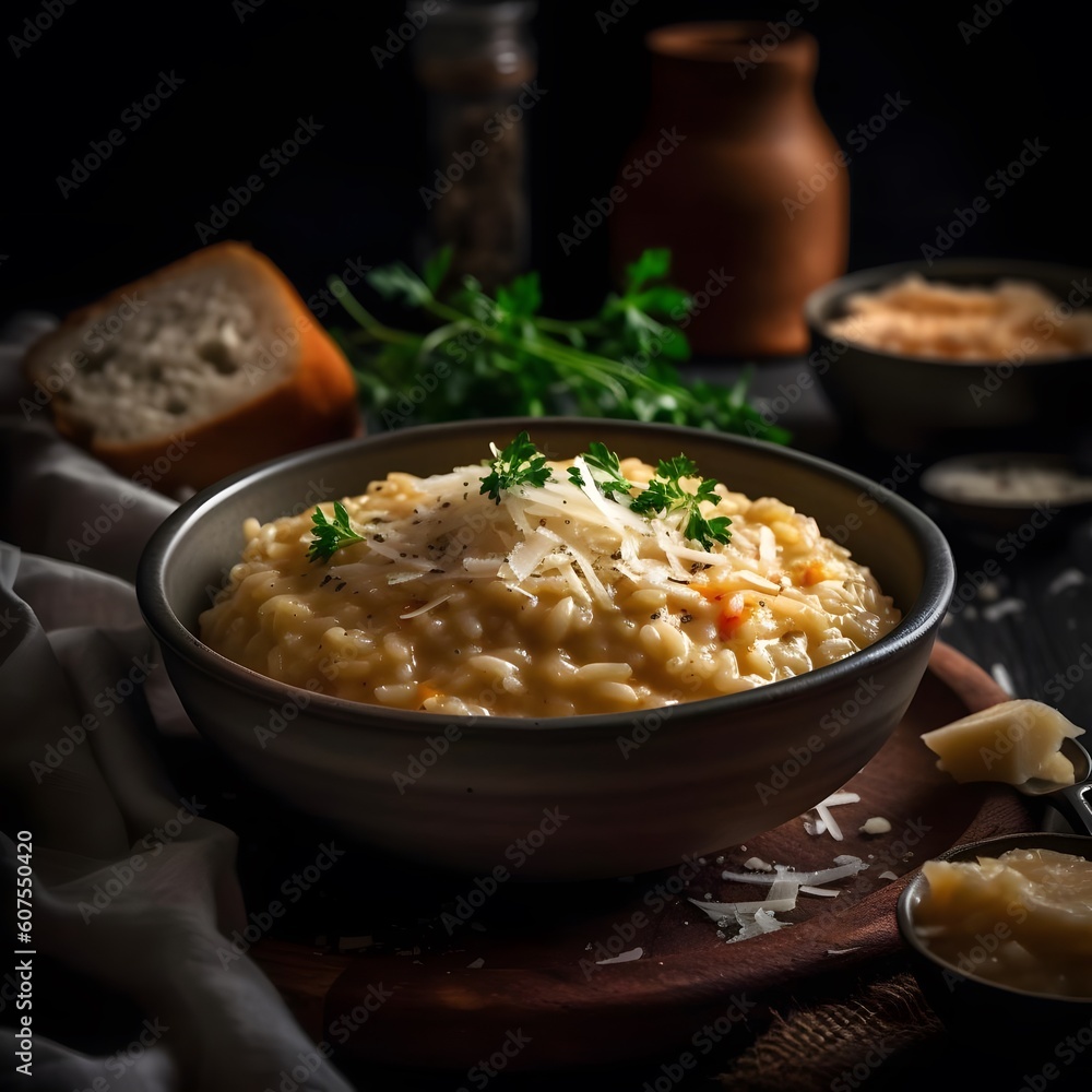 Creamy and cheesy four cheese risotto with parmesan, gouda, cheddar, and mozzarella