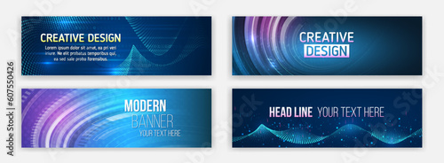 Abstract horizontal promotion media cover design. Big data futuristic web background. Visualization of data arrays, databases. Information flow, sorting. Set of Hi-tech banner templates for websites.