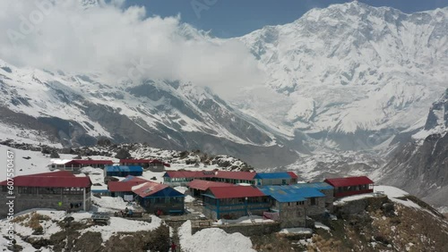 Annapurna Base Camp with a clear view of Annapurna I. 4k aerial video