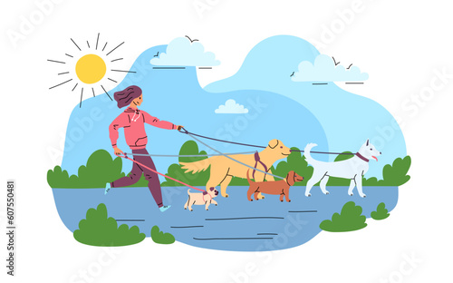 Cartoon Color Character Woman and Dog Walking Service Concept Flat Design Style. Vector illustration of Pet Care