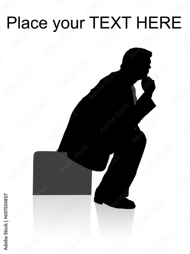 silhouette of side pose of man sitting on briefcase with white background