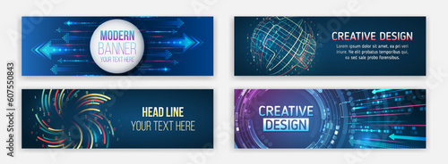 Modern banner in hi-tech style. Set of web banner templates, information protection, big data. Scientific and technical concept.