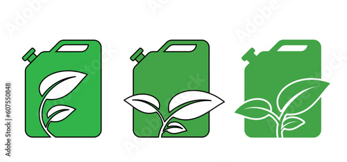 Cartoon green biofuel gasoline, jerrycan with handle. Bio jerry can, recycl. Canisters symbol. Fuel tank for transporting and storing petrol. Can jerrycan, canister recycling.