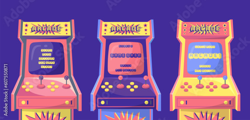 Cartoon Color Retro Arcade Game Machine Interface Screen Set Gaming Concept Flat Design Style. Vector illustration