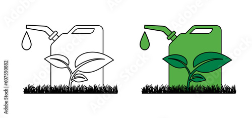 Cartoon green biofuel gasoline, jerrycan with handle. Bio jerry can, recycl. Canisters symbol. Fuel tank for transporting and storing petrol. Can jerrycan, canister recycling.