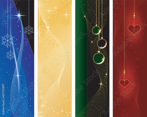 Festive Christmas and winter banners4 vertical banners: festive and magic with stars, snowflakes, xmas balls, hearts. Global colors, linear gradients, blends