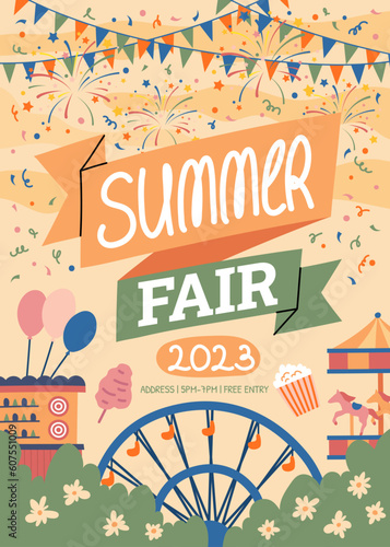 Cartoon Color Summer Fair Concept Poster Card Invitation Amusement Entertainment, Carousel and Funfair Flat Design Style. Vector illustration