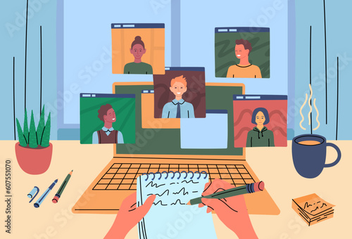 Cartoon Color Characters People Coworkers or Partners and Video Conference Concept Flat Design Style. Vector illustration of Online Meeting