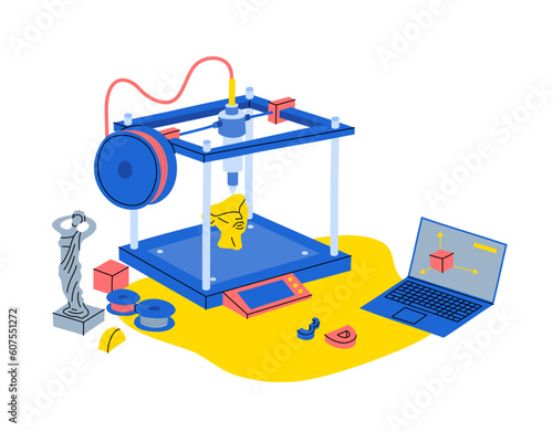 Cartoon Color 3d Printer Printed Sculpture Makes Volume Object Concept Flat Design Style Innovation Technology and Software. Vector illustration