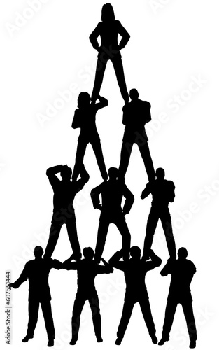 Editable vector silhouette of a business team pyramid with each figure as a separate object
