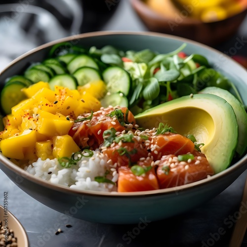 A delicious looking plate of salmon poke bowl with mango and cucumber