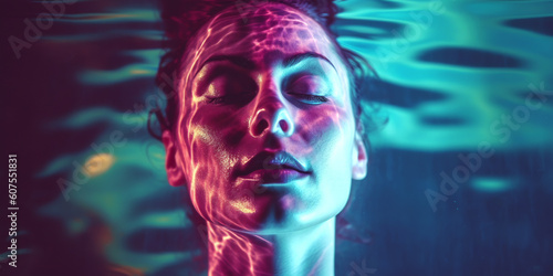 Murais de parede A 3d generated woman unwinding on the surface of the water of the sensory deprivation tank