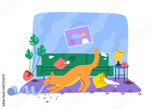 Cartoon Color Character Dog Alone at Home Destroys Room Concept Flat Design Style Interior View. Vector illustration
