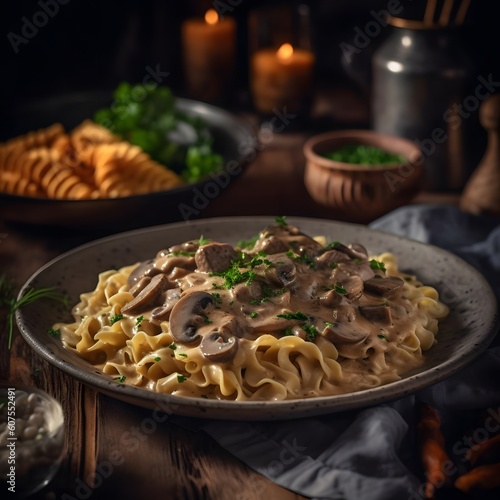 A hearty beef stroganoff with egg noodles, shot with a Sony a9 II