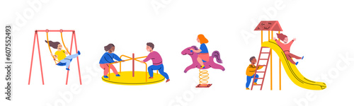 Cartoon Color Characters Kids Playing on Playground Set Kindergarten or Children Activity Concept Flat Design Style. Vector illustration