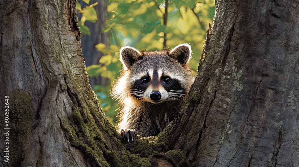 A whimsical wallpaper capturing the moment a curious raccoon peeks out