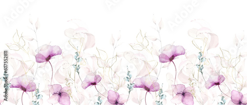 Watercolor painted floral seamless frame. Turquoise, pink, golden texture line leaves and twigs, violet wild flowers. 