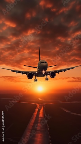 A plane flying towards the sunset