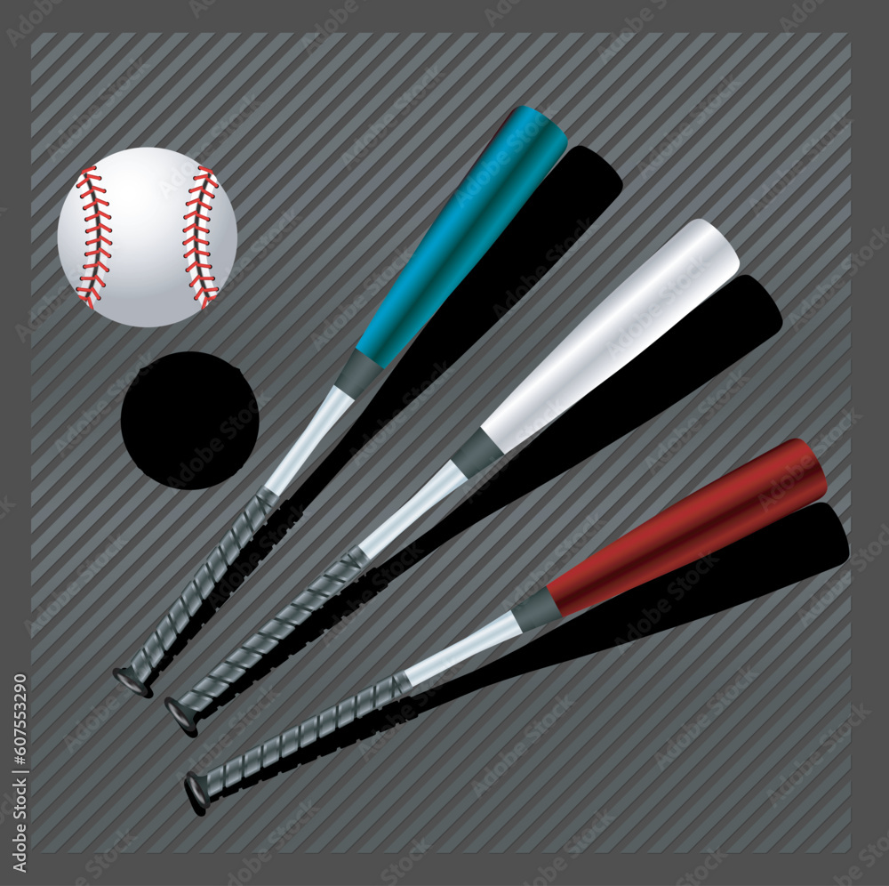 Baseball club - Three isolated Baseball bats and ball