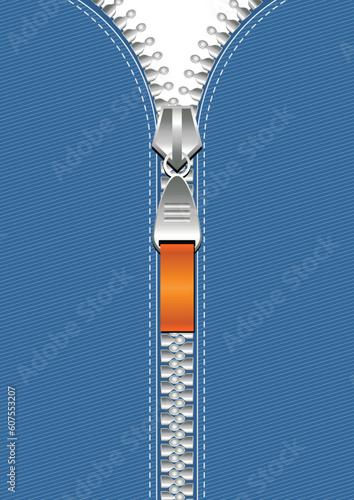 Zipper with strap to pull over indigo blue fabric