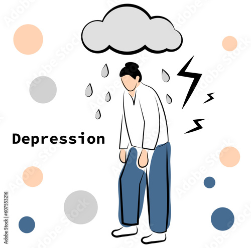 A woman with a cloud over her head. Woman in depression. Vector image isolated on white background
