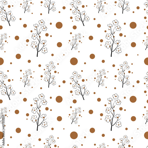 Seamless texture with sprigs of cotton on a white background. Vector illustration in doodle style